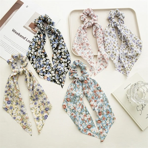 Floral Streamer Scrunchie For Women Elastic Hair Tie Ribbon Bow Ponytail Holder Chiffon Scarf Hair Band Fashion Accessories