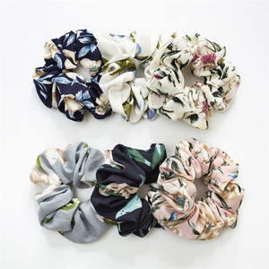 Set of 6 floral chiffon hair scrunchies with elegant pleats in assorted colors for women