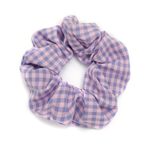 Pink and purple gingham oversized scrunchie hair tie with elastic fabric band