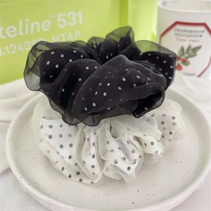 Elegante set di elastici per capelli in raso e organza a pois bianchi e neri