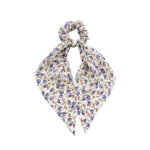 Chouchou en mousseline fleurie avec rubans et motifs de tulipes mauves sur blanc