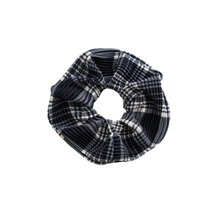 Navy blue and white checkered plaid pleated scrunchie hair tie for women hairstyles