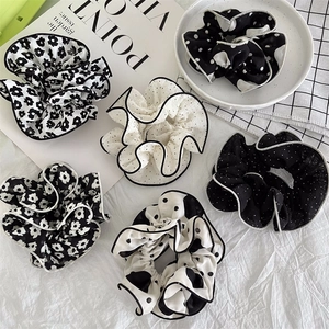 Elegant 6-piece black and white floral fabric scrunchie set for French style hair styling