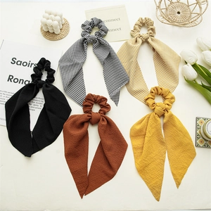 Plaid Print Scrunchie With Long Streamer Bowknot Polyester Hair Tie Ribbon Ponytail Holder Fashion Headwear For Women