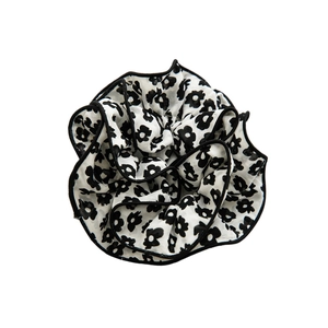 French style oversized floral scrunchie with black white flower pattern and contrast edging