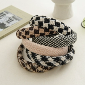 Vintage Hahnentritt Stoff Breiter Haarreifen Für Damen Winter Dick Tweed Schachbrettmuster Haarband Handgefertigt Kopfschmuck