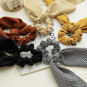 Five-piece set of plaid and solid color scrunchies with bunny ears for women ponytail