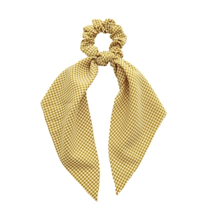 Plaid scrunchie with long ribbons in yellow and white checkered fabric for women