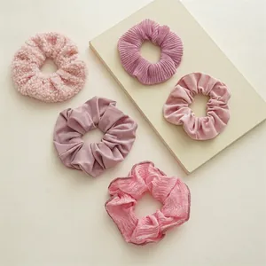 Lot de Chouchous en Tissu Rose Élastiques à Cheveux Polyester Velours Côtelé Satin Polaire pour Femmes Filles Accessoires Cheveux
