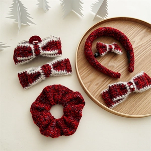 Winter red plaid tweed hair accessories set with bow clips and scrunchie for Christmas