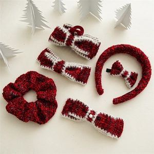 Christmas Red Tweed Bow Hair Clip Elegant Faux Artificial Pearl Faux Fur Trim Headband Scrunchie For Women Winter Party Headwear
