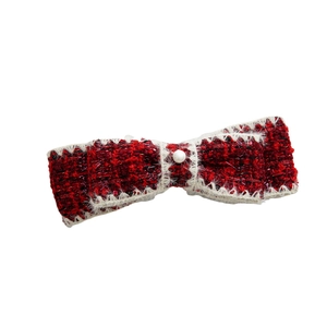 Elegant wine red tweed bow hair claw clip with pearl detail for women in retro style