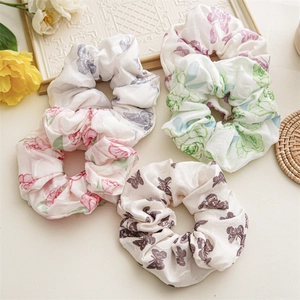 Floral Butterfly Print Satin Finish Scrunchies For Women Sweet Temperament Elastic Fabric Hair Ties Summer Fashion Hair Accessories