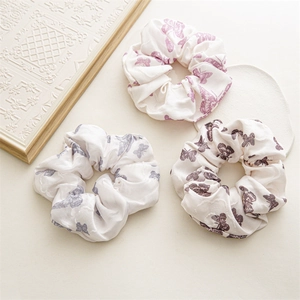 Three-piece floral butterfly print satin hair scrunchies with soft elegant textures