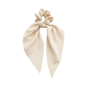 Elegant beige silk ribbon scrunchie with long bow hair tie for women ponytail holder