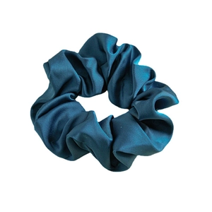 Elegant deep teal satin scrunchie with silk texture and pleated design on white background