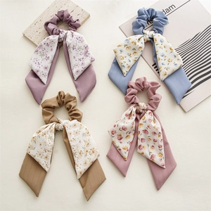 Floral Polyester Ribbon Bow Scrunchies For Women Handmade Sweet Fresh Hair Ties Streamer Ponytail Holder Elegant Hair Accessories