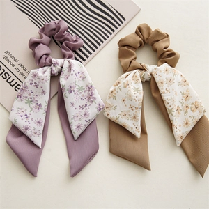Floral print chiffon bow scrunchie set with long ribbons for ponytail styling