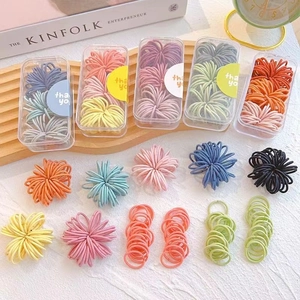 Close-up of colorful high-elastic hair ties in a transparent box with thank you sticker