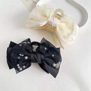Elegant Large Bow Hair Claw Clip Satin Organza Ribbons Faux Artificial Pearl Decor Shark Clip For Women High Cranial Top Hair Accessory