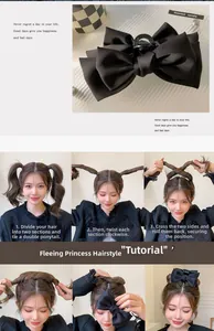 Detail showing a large black ribbon claw clip with tutorial for various hairstyles
