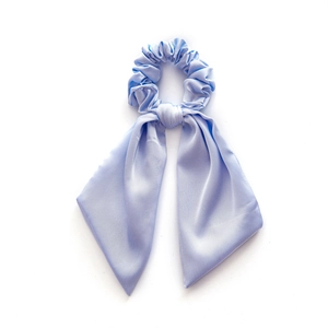 Elegant light blue satin scrunchie hair tie with long ribbon bows for women
