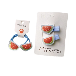 Handmade light blue baby hair clips and elastic tie set with embroidered watermelon pattern