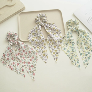 Korean Style Floral Ribbon Hair Scrunchies Fresh Fabric Bowknot Streamer Hair Tie Long Tail Hair Accessories For Women
