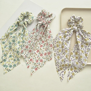 Three-piece set of floral chiffon hair scrunchies with long ribbons in assorted colors