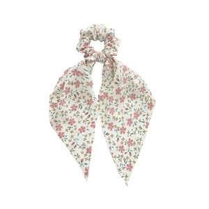 Floral print scrunchie with long ribbons in cream textile and small pink flower patterns