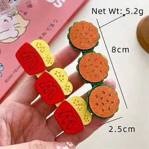 Cute cartoon snack hair clips featuring french fries and burger designs for girls
