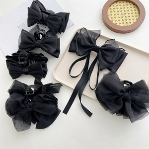 Large Black Bow Hair Claw Clip Satin Mesh Layered Elegant French Style Shark Clip Hair Accessories For Women