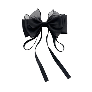 Elegant large black double-layer satin bow hair claw clip with long ribbon streamers