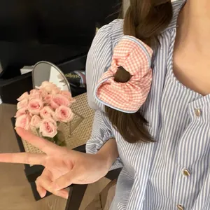 Detalle de un coletero de tela a cuadros rosas y blancos con borde azul en una coleta
