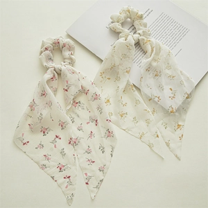 Floral print scrunchie with long ribbon streamers in soft chiffon fabric