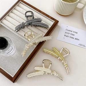 French Vintage Alloy Wheat Spike Hair Claw Clip Rhinestone Faux Artificial Pearl Large Shark Clip Elegant Women Hair Accessories
