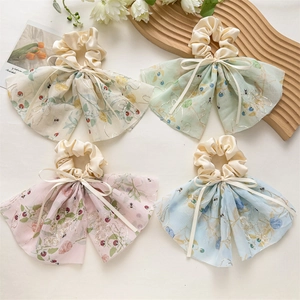 Lot de chouchous à nœud en mousseline brodée de fleurs en jaune vert rose et bleu