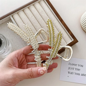 Elegant gold wheat ear hair claw clips set with pearls and yellow rhinestones