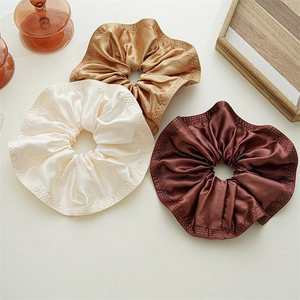 Set of 3 oversized satin scrunchies in beige, champagne, and coffee brown silk-like fabric
