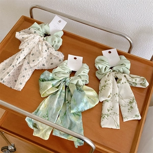 Chouchou à Nœud en Mousseline Fleurie pour Femme avec Long Ruban Élastique à Cheveux Élégant pour Décoration Quotidienne