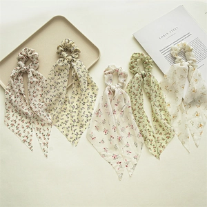Women Fresh Sweet Floral Print Scrunchies With Long Streamer Elastic Fabric Ponytail Holder Summer Ribbon Hair Accessories