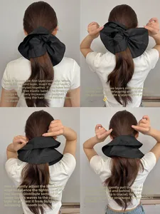 Detail showing step-by-step styling of large black satin pleated ruffled scrunchie
