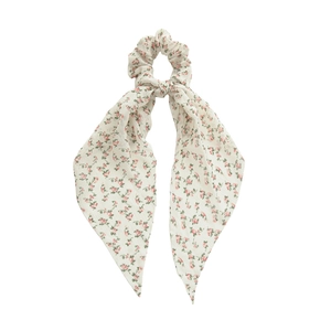 Floral chiffon hair scrunchie with ribbons for women in creamy white and pink patterns