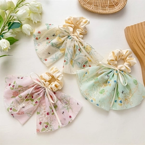 Chouchous à Cheveux avec Nœud et Ruban Floral pour Femmes Mousseline Brodée Satin Grands Nœuds Accessoires de Cheveux