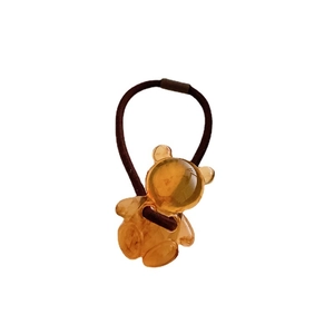 Translucent amber bear hair tie with high elastic brown band for women's hairstyles