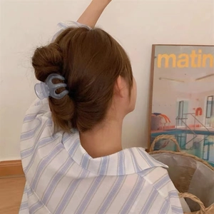 Gros plan d'une pince à cheveux bleu clair transparente pour queue de cheval haute