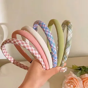 Sweet Plaid Fabric Padded Sponge Headband For Women Girls Simple Solid Color Gingham Hair Hoop Daily Fashion Hair Accessories