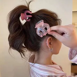 Vue détaillée de pinces à cheveux en résine rose fixant une queue de cheval sur un modèle
