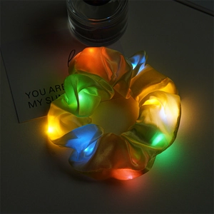 Glow in the dark LED yellow satin hair scrunchie with colorful lights for women