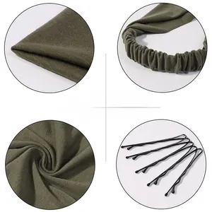 Detail of olive green breathable chiffon headband with wide elastic band and metal hair clip